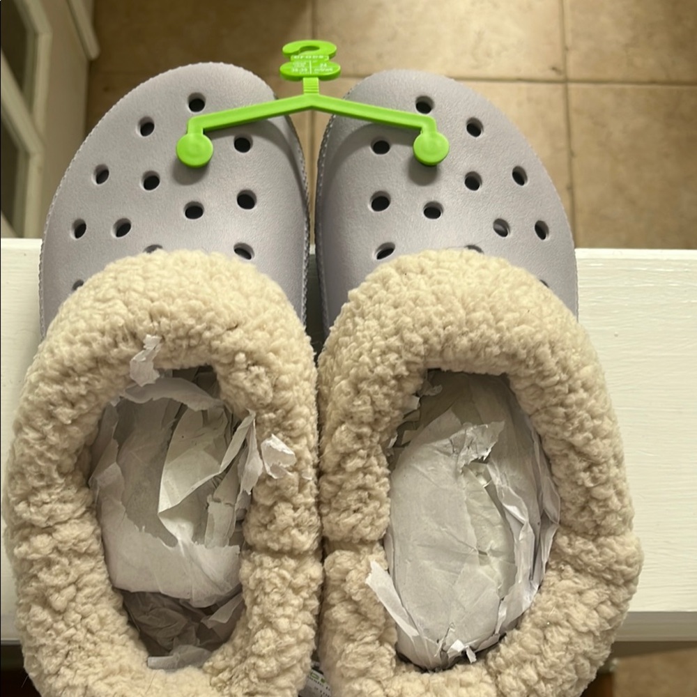 CROCS Gray Clogs with Plush Cream Lining